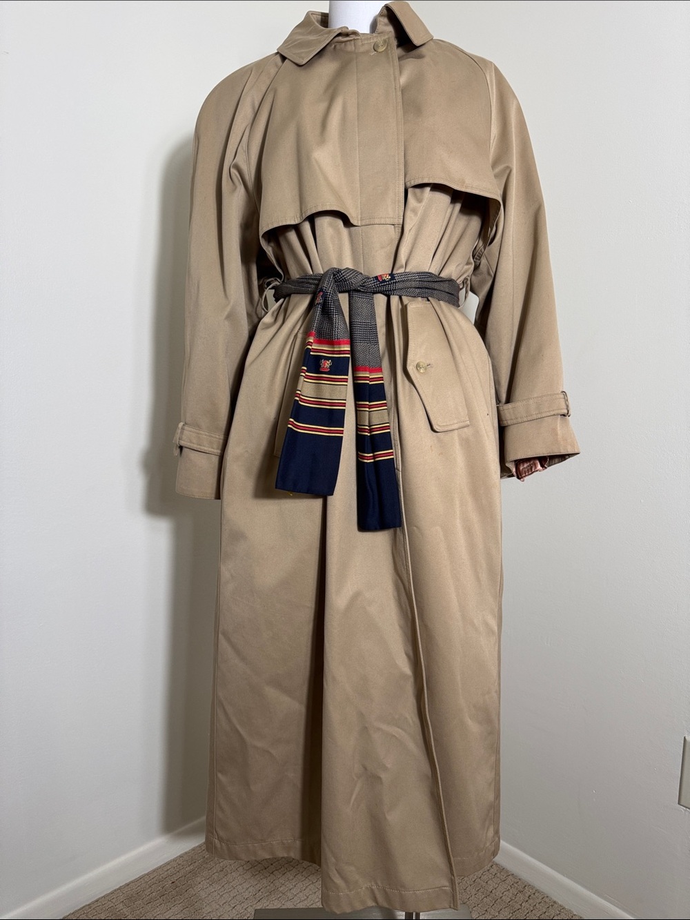 Vintage Evan Picone Tan Beige Classic Trench Coat Removable Wool Plaid Liner XL